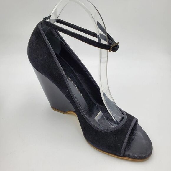 GUISEPPE ZANOTTI DESIGN women 40.5/9.5 black suede & patent wedge open toe heels - Picture 2 of 11
